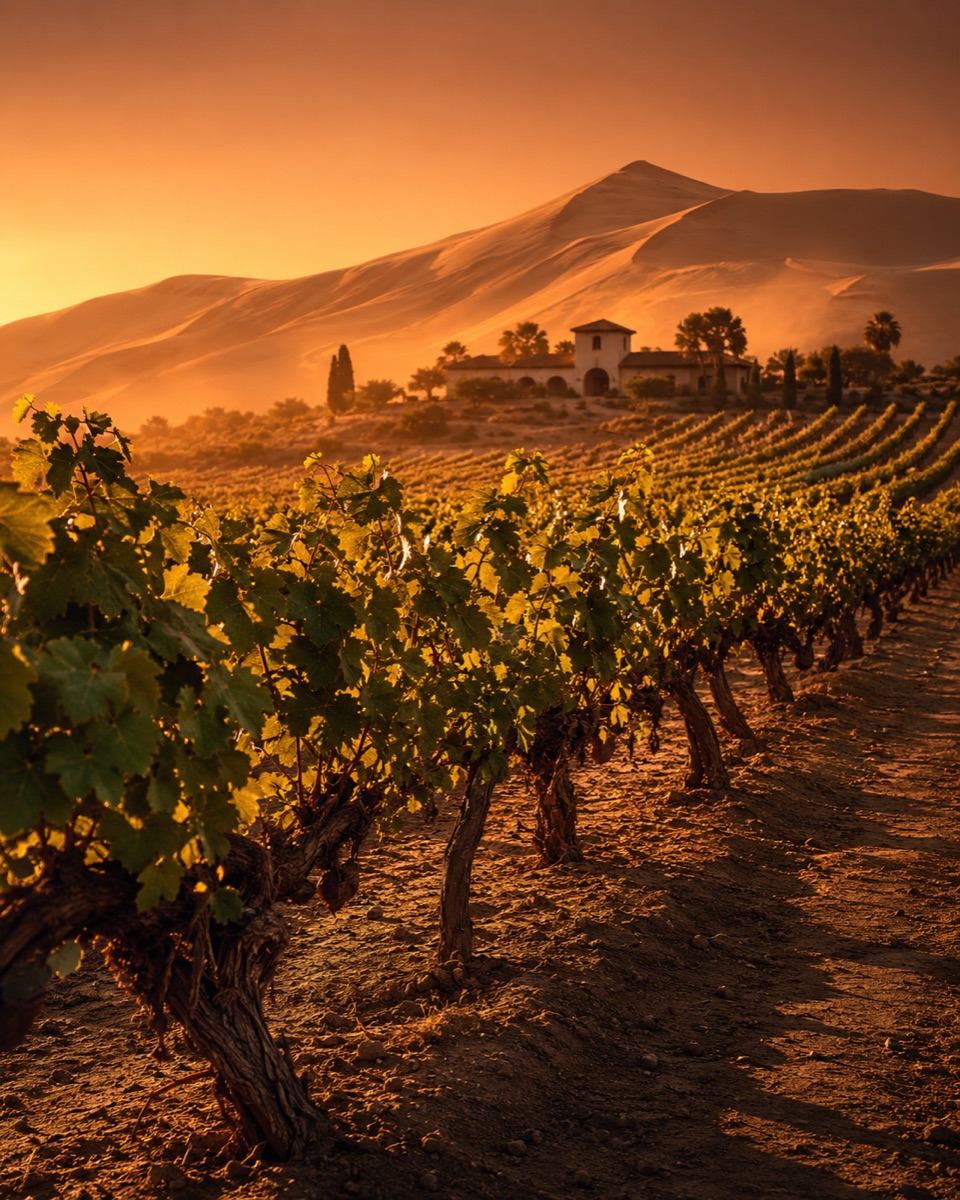 Viñedos de ALTIVA frente a las dunas del valle de Ica, con la casa-bodega al atardecer